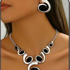 Chunky Silver Black Boho Chunky Pendant Necklace & Earring Set Pendant Fashion